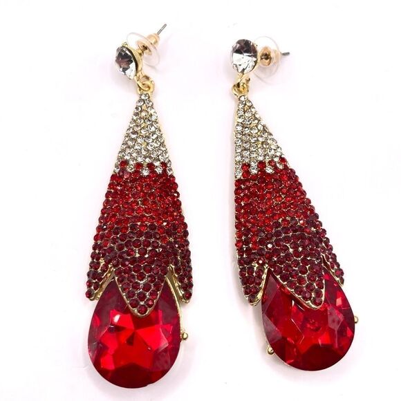Women’s tear drop clear red ombré rhinestone crystal earrings - Picture 1 of 5